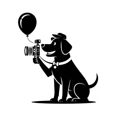 Siyah siluet, şapka ve papyon takan, elinde klasik bir kamera ve balon tutan, beyaz arka plan teknolojisinde izole edilmiş bir köpek.