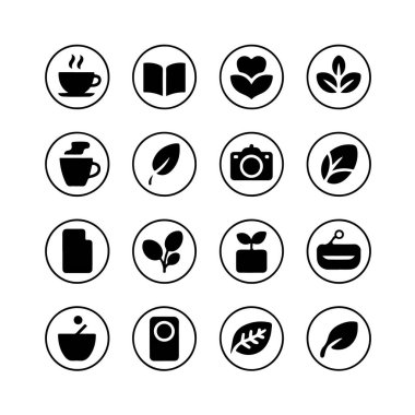 Beyaz arkaplan teknolojisinde izole edilmiş siyah-beyaz doğa ve yaşam tarzı simgeleri koleksiyonu