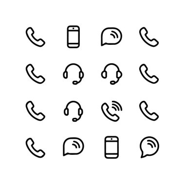 Telefon ahizesi, akıllı telefon, kulaklık ve beyaz arka planda izole edilmiş konuşma balonu sembolleri de dahil olmak üzere iletişim simgeleri koleksiyonu