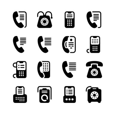 Çeşitli telefon ve iletişim cihazlarını bembeyaz arka plan teknoloji arka planında izole eden 16 siyah simge koleksiyonu