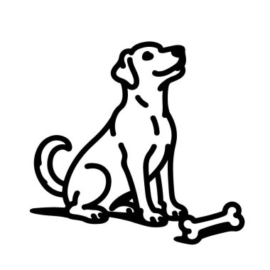 Bir kemiğin yanında oturan mutlu bir köpeğin çizgi çizimi, beyaz arka plan teknolojisinde izole edilmiş.