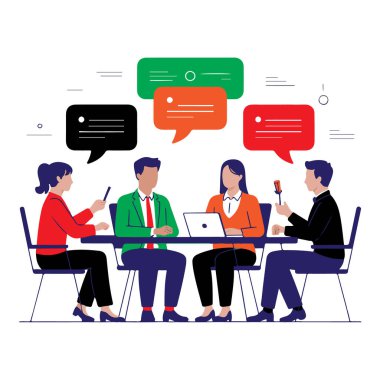 Masanın etrafında dizüstü bilgisayarla iş birliği yapan dört kişilik bir grup konuşma baloncukları teknolojisiyle ilgili fikirleri tartışıyor.