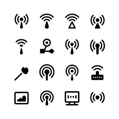 Beyaz arkaplan teknolojisinde izole edilmiş siyah kablosuz sinyal ve ağ simgeleri koleksiyonu