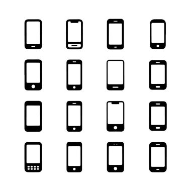Izgara düzeninde çeşitli akıllı telefon simgelerinin toplanması, beyaz arkaplan teknolojisi arka planında izole
