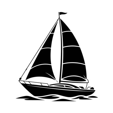 Tam yelkenli bir yelkenlinin silueti dalgalı suda yüzüyor, beyaz arka planda izole edilmiş teknoloji arka planında.