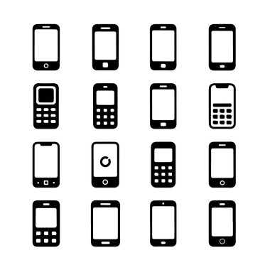Klasik telefonlardan modern akıllı telefonlara kadar çeşitli cep telefonu simgelerinin toplanması, beyaz arka plan teknolojisi arka planında izole edilmiş