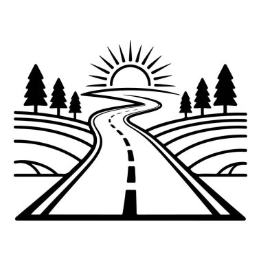 Güneşin doğuşuna doğru giden dolambaçlı yolda ağaçlar ve kenarlarda yuvarlanan tepeler, siyah beyaz illüstrasyon teknolojisi arka planında