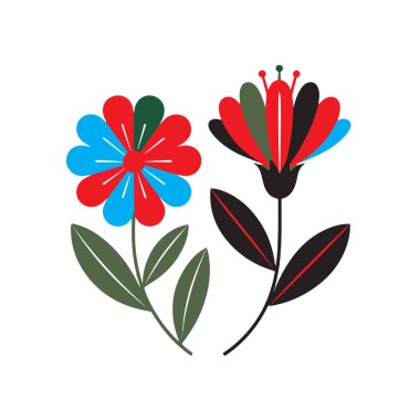 Renkli yaprakları ve yeşil yaprakları olan iki stilize çiçek, doğayı, büyümeyi ve güzelliği temsil ediyor, beyaz arka plan teknolojisinde izole edilmiş.
