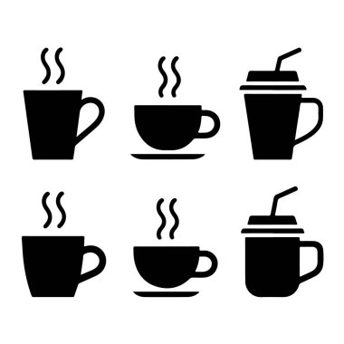 Kahve ve çay gibi sıcak içecekleri temsil eden altı adet siyah siluet simgesi beyaz arka plan teknolojisi arka planında izole edilmiş.