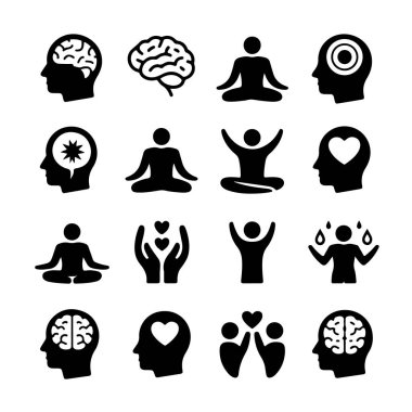 Zihinsel sağlığı, sağlığı ve meditasyonu temsil eden ikonlar, beyin, yoga duruşu ve kalp sembolleri, beyaz arka plan teknolojisi arka planında izole edilmiş