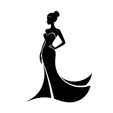 Zarif bir gece elbisesi giymiş, beyaz arka plan teknolojisinde soyutlanmış bir kadının silueti.