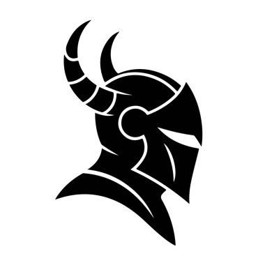 Boynuzlu bir Viking miğferinin siyah silüeti, beyaz arka plan teknolojisinde izole edilmiş.