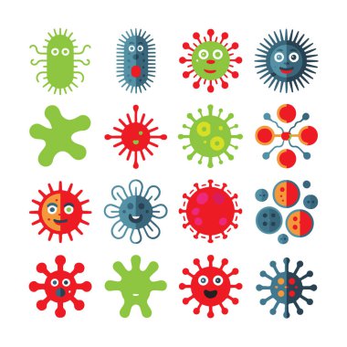 Beyaz arkaplan teknolojisi arka planında izole edilmiş çeşitli virüs ve bakterileri gösteren renkli düz simgeler