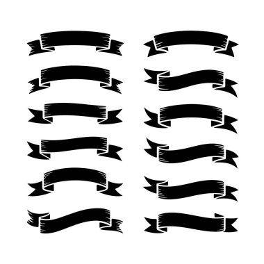 Beyaz arka plan teknolojisi arka planında izole edilmiş farklı şekil ve tarzlara sahip el yapımı siyah kurdele afişleri.