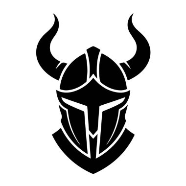 Beyaz arka plan teknolojisinde izole edilmiş boynuzlu bir savaşçı miğferinin siyah silüeti.