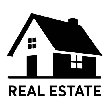 Pencereli ve bacalı bir evin siyah beyaz siluet simgesi. Altında emlak metni var. Arka planda beyaz arka planda izole edilmiş.
