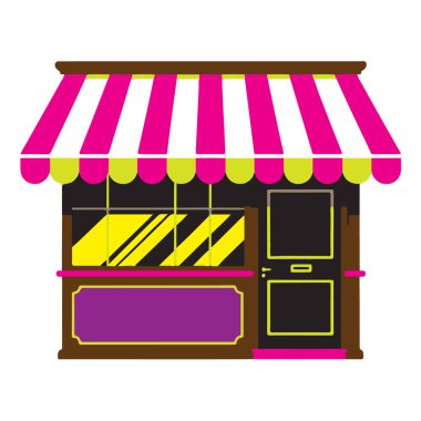 Çizgili güneşlik ve beyaz arkaplan teknolojisi arka planında izole edilmiş pencere ile çizgi film dükkânı önü