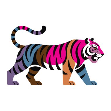 Renkli çizgili ve desenli stilize kaplan, sola yürüyor, beyaz arka plan teknolojisinde izole edilmiş.