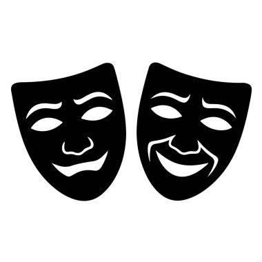 Siyah komedi ve trajedi tiyatro maskeleri beyaz arka plan teknolojisinde izole edilmiş duyguları temsil ediyor.