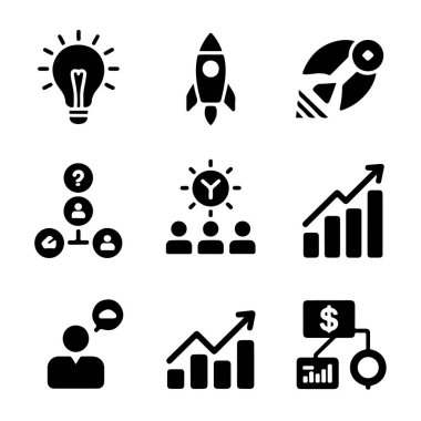 Fikir, girişim, takım çalışması, büyüme ve analiz de dahil olmak üzere iş ve finans simgeleri beyaz arka plan teknolojisi arka planında izole edilmiştir