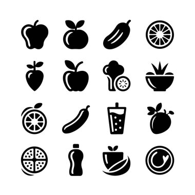 Beyaz arka plan teknolojisinde izole edilmiş siyah meyve ve sebze simgeleri koleksiyonu