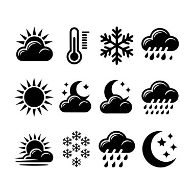 Beyaz arka plan teknolojisinde izole edilmiş güneş, bulutlar, yağmur, kar, ay ve termometre ikonlarının toplanması