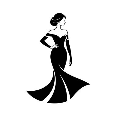 Beyaz arka plan teknolojisine izole edilmiş zarif bir gece elbisesi giymiş bir kadının silüeti.