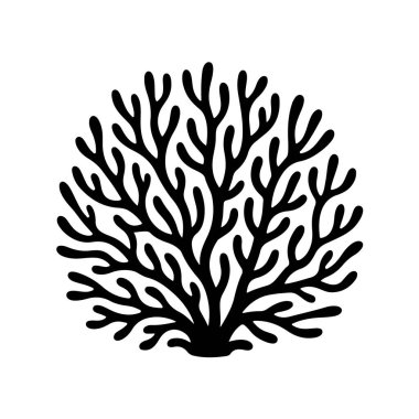 Beyaz arka plan teknolojisine izole edilmiş dallanan bir mercan ya da deniz şakayığının siyah silüeti.