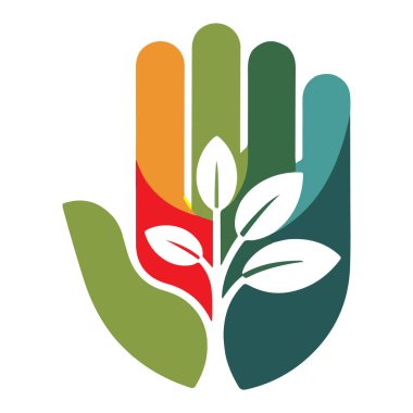 Renkli parmakları olan stilize bir el büyüyen bir bitki filizini sallıyor, büyüme ve bakım teknolojisinin arka planını sembolize ediyor