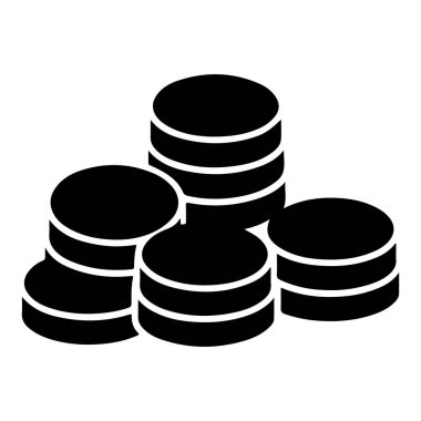 Beyaz çizgili bir yığın siyah sikke, beyaz arka planda izole edilmiş, zenginlik ve finans teknolojisini temsil eden