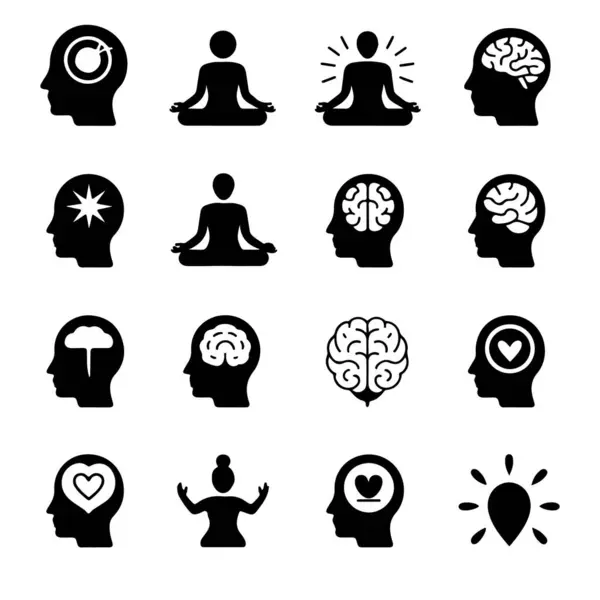 İnsan kafa profillerini, beyinlerini, meditasyonlarını ve ampulleri temsil eden siyah simgelerin toplanması, beyaz arka plan teknolojisi arka planında izole edilmiş.