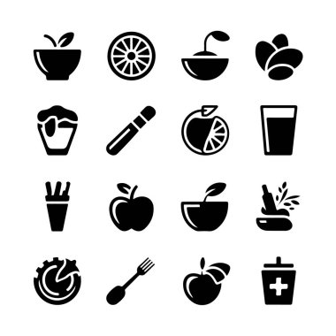 Collection of healthy food and drink icons, including fruits, vegetables, and beverages isolated on white background technology background