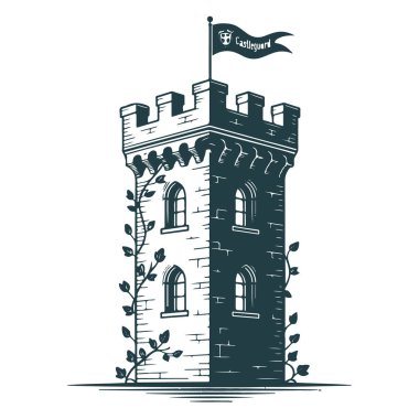 Vintage illustration of a stone castle tower with arched windows and a flag, isolated on white background technology background