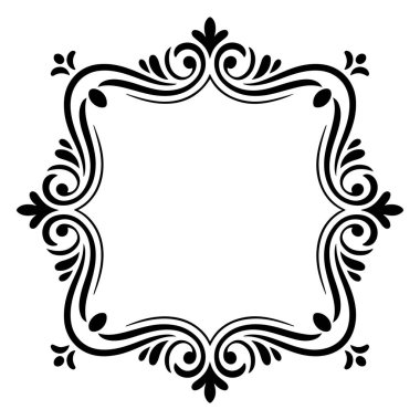 Elegant black ornamental square frame with floral swirls and decorative elements, isolated on white background technology background