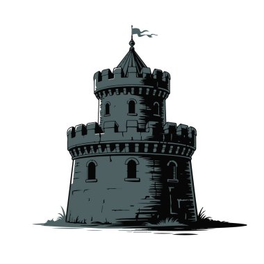 Detailed illustration of a dark stone castle tower with battlements and a flag, standing on grassy ground, isolated on white background technology background