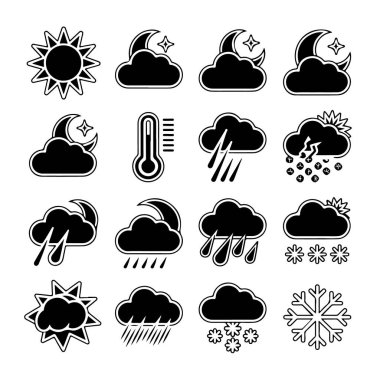 Collection of weather icons including sun, moon, clouds, rain, snow, and thermometer, isolated on white background technology background
