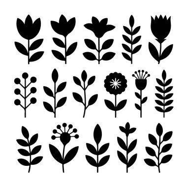 Collection of stylized black floral and leaf silhouettes isolated on a white background technology background