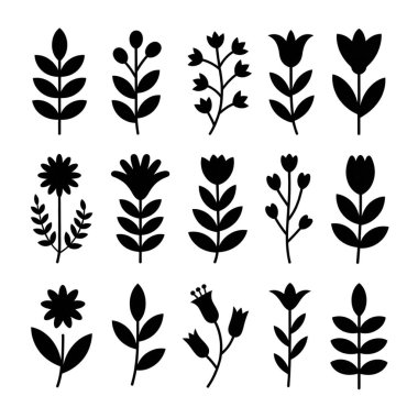 Collection of black floral and botanical silhouettes isolated on white background technology background