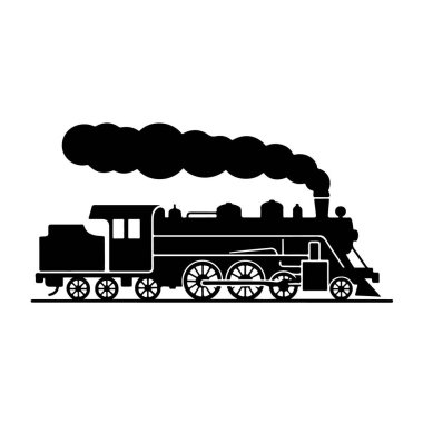 Silhouette of a vintage steam train with smoke billowing from its chimney, isolated on white background technology background