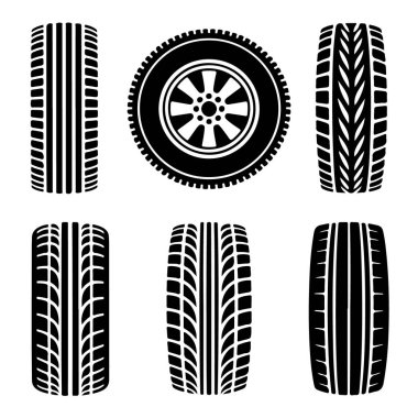 Set of six different car tire tread patterns and a wheel, isolated on white background technology background