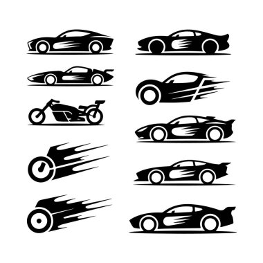 Set of dynamic black silhouette sports cars and motorcycle with motion blur effect isolated on white background technology background