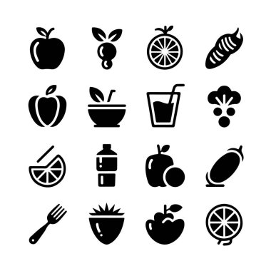 Collection of healthy food and drink icons, including fruits, vegetables, and beverages, isolated on white background technology background