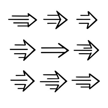 Sağ tarafı gösteren dokuz siyah ok koleksiyonu, beyaz arkaplanda izole edilmiş.