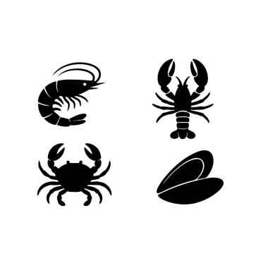 Beyaz arka planda dört siyah deniz ürünleri ikonu karides, ıstakoz, yengeç ve midye koleksiyonu.