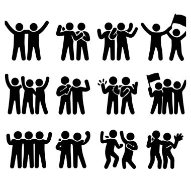 Beyaz arka planda kutlanan ve tezahürat yapan bir grup insan