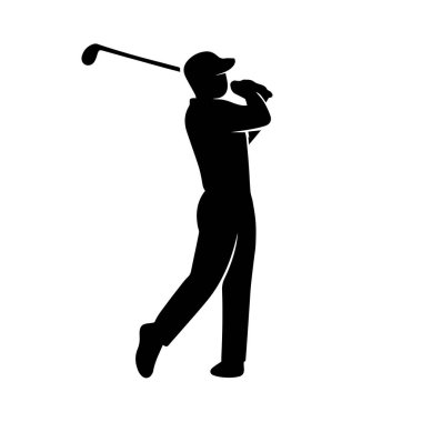 Beyaz arka planda soyutlanmış golf sopası sallayan bir erkek golfçünün silueti.
