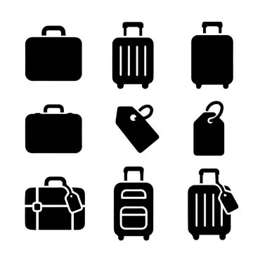 Beyaz arkaplanda izole edilmiş siyah bavul ve bagaj etiketi simgeleri koleksiyonu