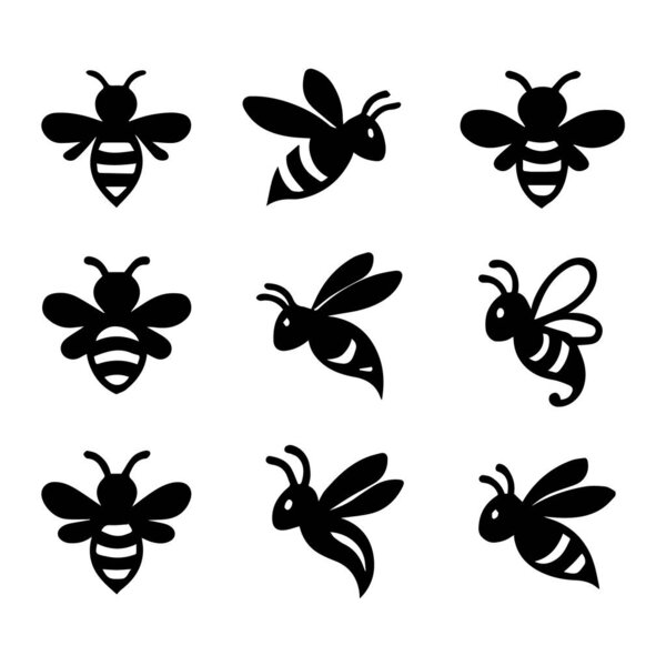 Коллекция из девяти черных пчелиных икон в силуэте, выделенных на белом фоне