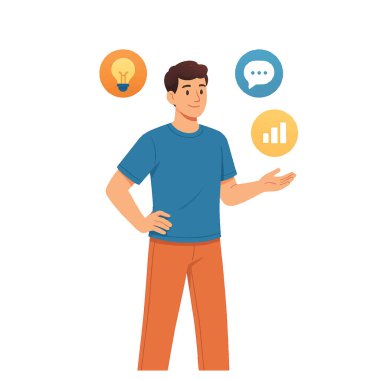 Ampul, sohbet balonu ve grafiği olan adam, fikirleri, iletişimi ve veri analizini sembolize ediyor, beyaz arka plan teknolojisi arka planında izole edilmiş.