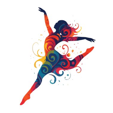 Beyaz arka plan teknolojisinde izole edilmiş renkli girdaplı suluboya efektleri olan zıplayan bir dansçının dinamik silueti.